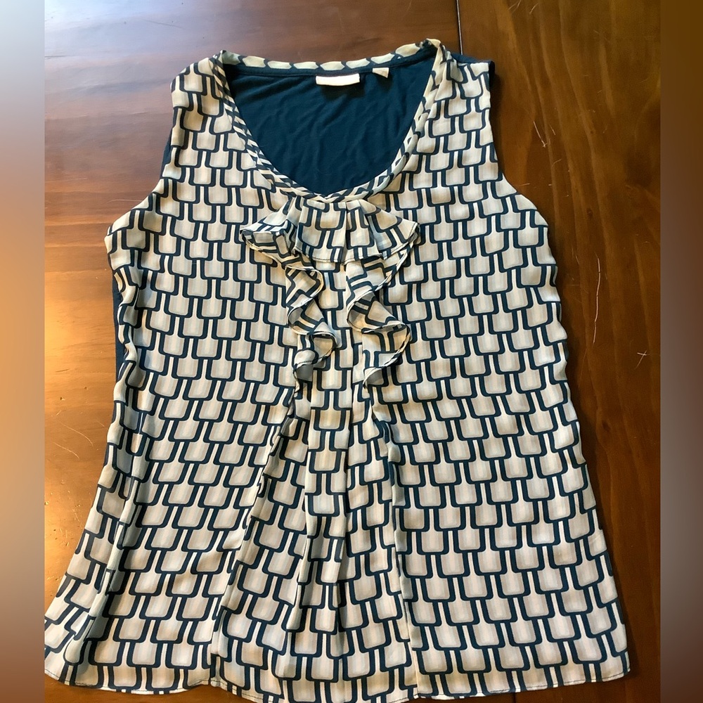 New York & Company Ruffled Teal and White Blouse